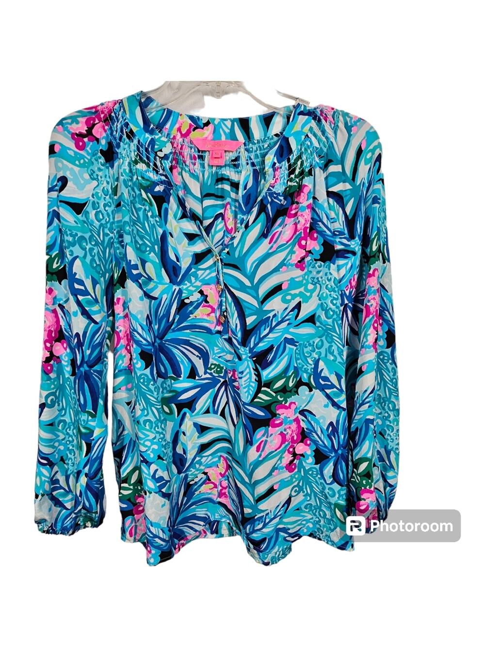 Lilly Pulitzer Elsa 100% Silk Maldives Green Hype It Up 3-Button Top Women's XS
